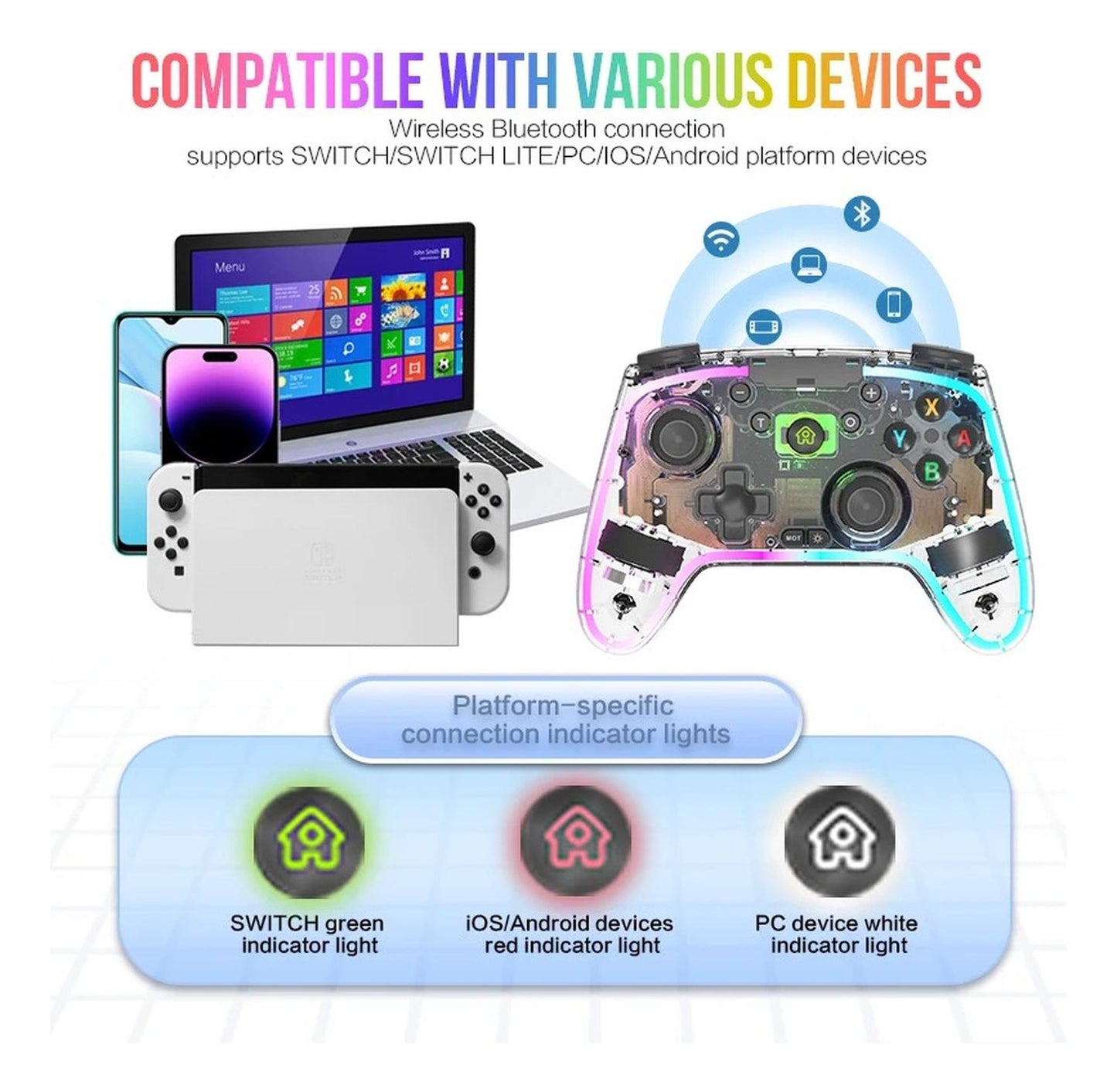 Control Inalámbrico Transparente Compatible con Switch, PC, iOS y Android | Luces LED y Doble Vibración