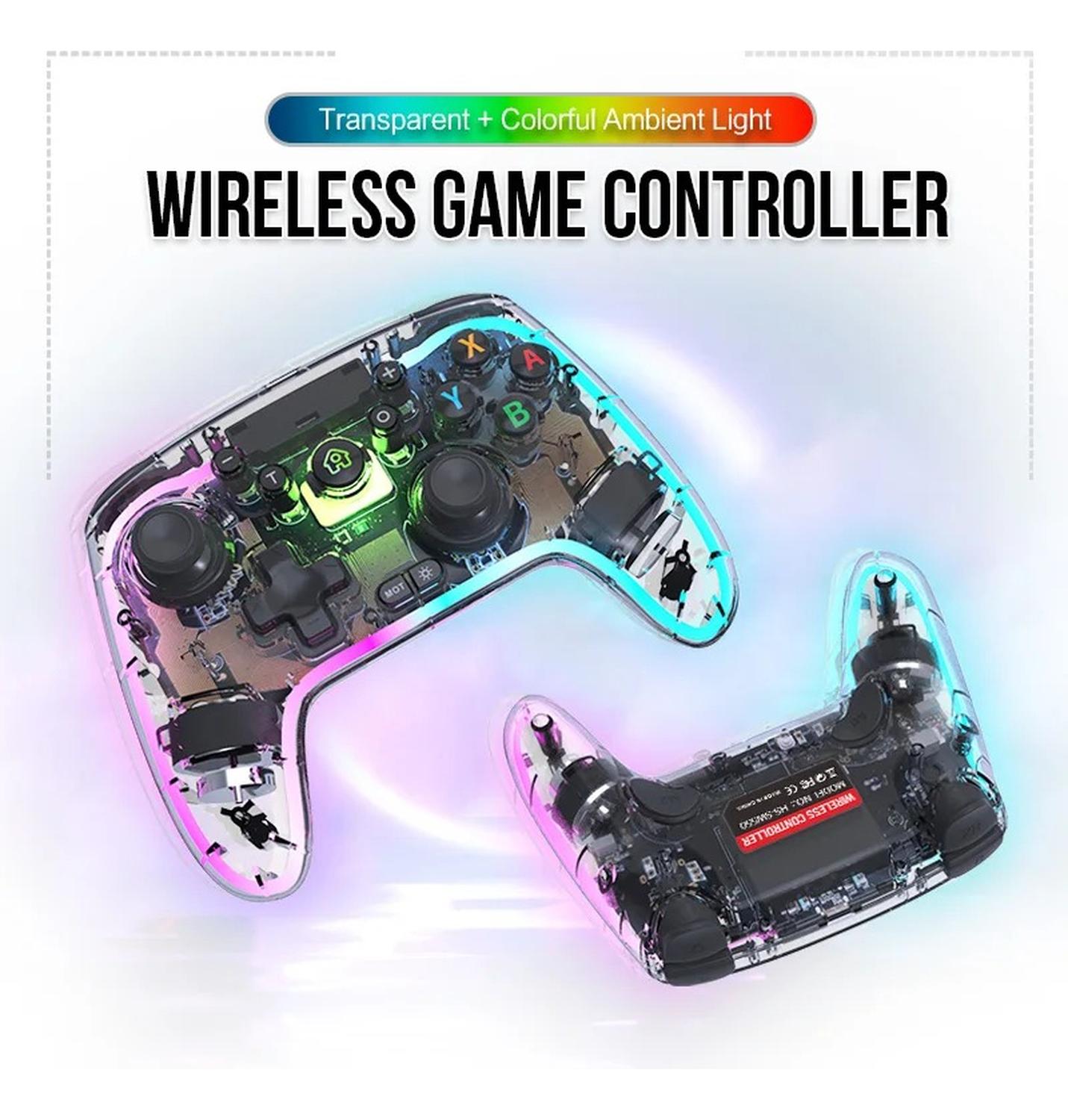 Control Inalámbrico Transparente Compatible con Switch, PC, iOS y Android | Luces LED y Doble Vibración